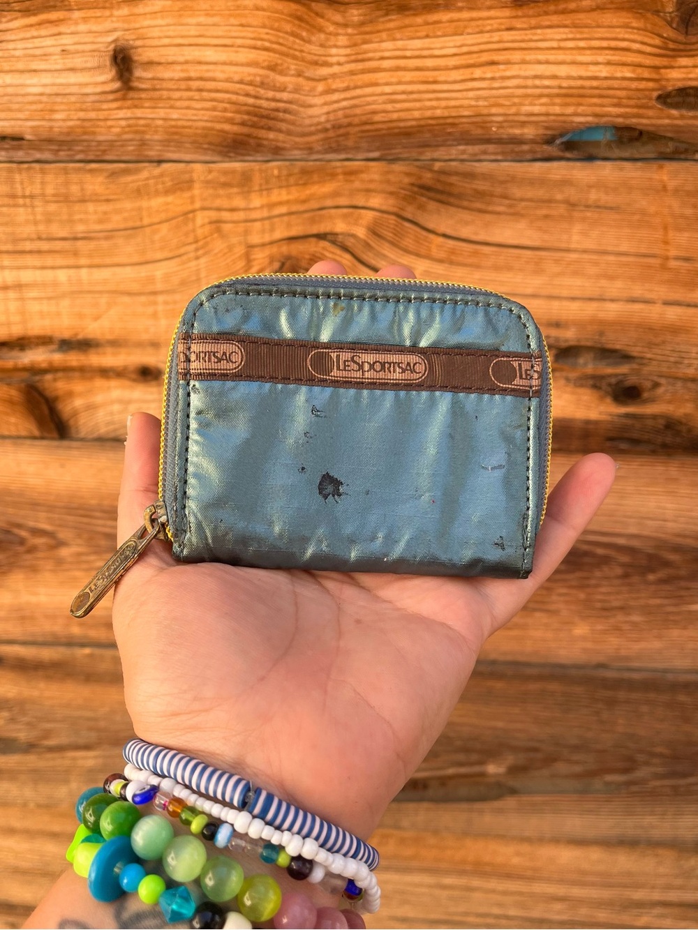 LESPORTSAC | Small Zip Wallet in Teal with Brown Trim